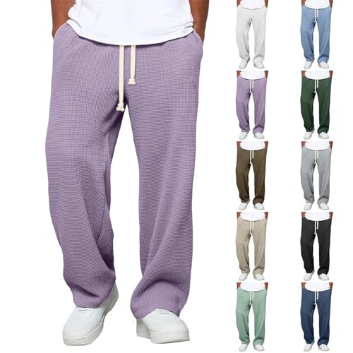 Mens Casual Waffle Pants Mens Sweatpants Track Bottoms UK Elastic Waisted-Open-Hem Sweatpants with Pockets Straight Leg Sports Trousers for Men Loose Lightweight Wide Leg Walking Trousers Purple