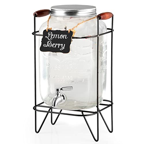 2 Gallon Glass Beverage Dispenser, Metal Base, Stainless Steel Spigot & Hanging Chalkboard