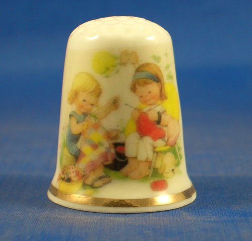 Porcelain China Thimble -- Young Girls Quilting