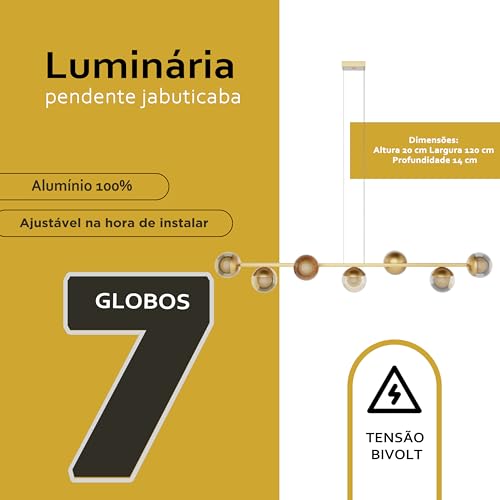Pendente lustres Luminária de Teto Jabuticaba Dourado com 7 Globos de Vidros Ambar 12cm Bivolt aluminio Iluminação Sala, Cozinha, Quarto, Escritorio, Sala de Jantar e Estar