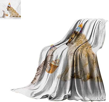 Kids Birthday Weave Pattern Blanket Cat and Dog Domestic Animals Human Best Friend Party with Cupcake and Candle Summer Quilt Comforter 60"x50" Multicolor