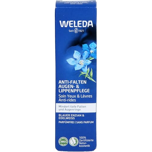 WELEDA Anti-Falten Augen- & Lippenpflege Blauer Enzian & Edelweiss mindert tiefe Falten & Augenringe, 10 ml Crema