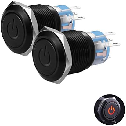 2-Pack Latching Push Button Switch Power Symbol 1NO1NC SPDT ON/OFF Black Metal Shell Toggle Switches for 3/4" 19mm Mount Hole (Red Light)