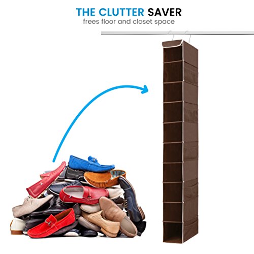 ZOBER Hanging Shoe Organizer for Closet, 10 Shelves - Hanging Shoe Rack W/Side Pockets - Narrow, Space Saving, Durable