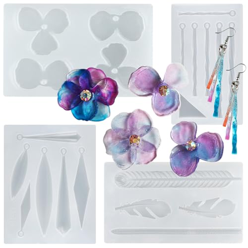 Earring Epoxy Resin Silicone Molds Set 4-Count Jewelry Casting Supplies, Geometry, Feather, Petal Flower, Rope