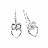Sterling Silver Earrings Owl Heart Hook Dangle Earrings, Rhodium Plated