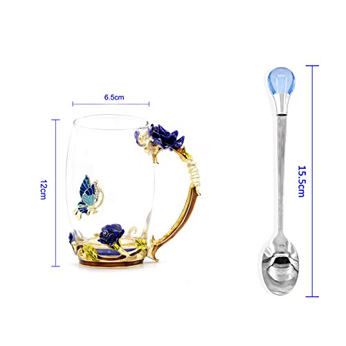 Daycindy Handmade Glass Coffee Mugs Blue Rose Tea Cup Spoon Set (13oz, Rose Blue)