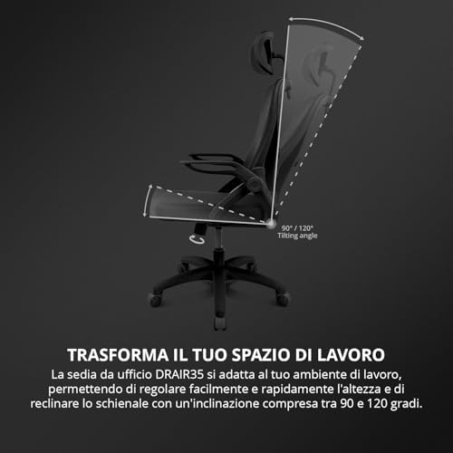 DRAIR35 – Sedia da Scrivania Ergonomica per Ufficio e Casa in Rete Tesa Traspirante, Reclinabile 90-120°, Poggiatesta e Braccioli Pieghevoli, Supporta fino a 120 kg, Nero