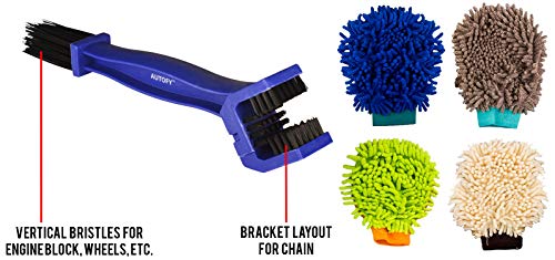 Autofy Universal Motorcycle/Cycle Chain Cleaner Brush for Bikes and Autofy Multi-Purpose Microfibre Cleaning Gloves for All Cars and Bikes (Multicolour, Set of 4) Combo