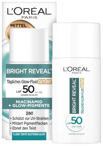 LOreal - Fluido UV Glow-Fluid colorato giornaliero, SPF 50, niacinamide + pigmenti luminosi, colore: medio, Bright Reveal, 1 x 50 ml