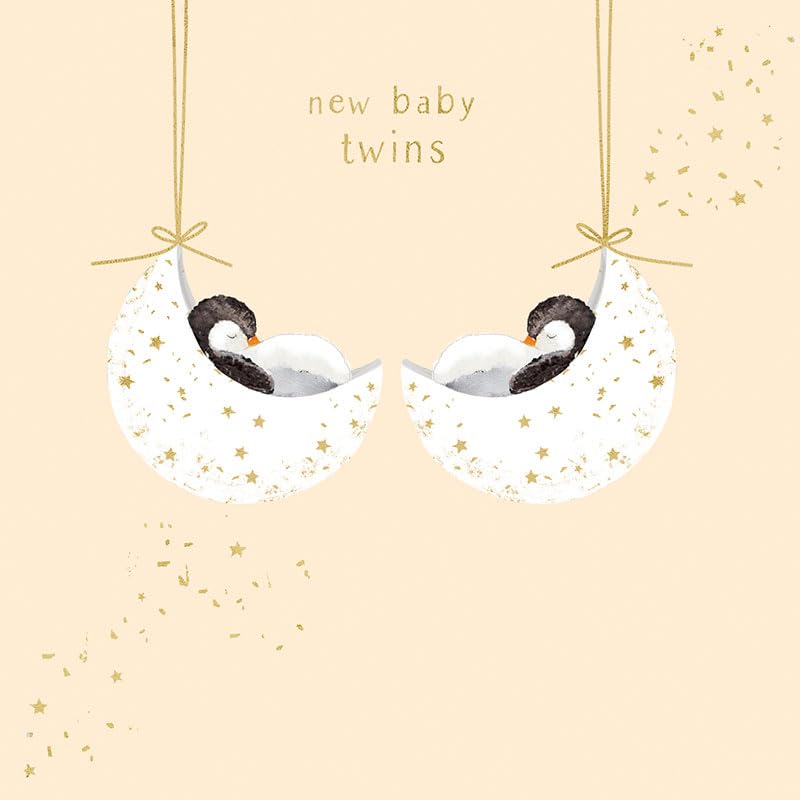 Hammond Gower Handmade New Baby Twins Birth Congratulations Card - Sleeping Penguins in Crescent Moons with Foil and Embellished Finish - Eco-Friendly