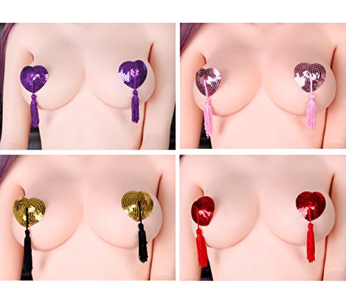 4 Pairs Reusable Adhesive Nipple Cover,Shiny Sequin Silicone Heart-Shaped Breast Pads Pasties Bra with Tassel