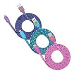 3PK 6ft (2M) Hi-Speed Durable Braided Flat Noodle Lightning Cable Charger Cord for iPhone 6, 6 Plus, SE, iPad (Purple, Blue, Pink)