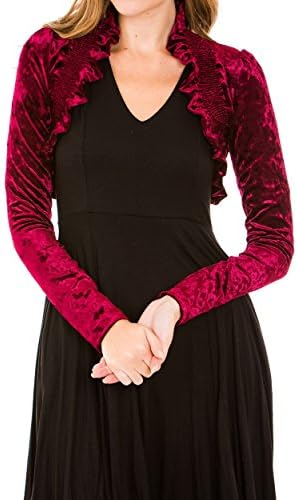 TheTrueLove The True Love Junior Size Crush Velvet Long Sleeve Front Shirred Shrug Bolero, Small, Burgundy