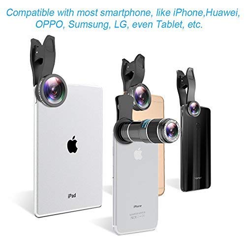 Phone Camera Lens, 4 in 1 Cell Phone Lens kit, 12x Telephoto Lens + 0.65x Wide Angle Lens + Macro Lens + Fisheye Lens,Clip-On Lenses for iPhone Android Smartphone with Tripod+Shutter Remote