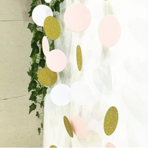 Somnr Pack of 4 3m Sparkling Circle Polka Dots Paper Garland Banner Baby Shower Decor, Garlands Party Decorations Pompoms (White pink Gold)