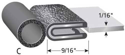 Trim Lok PVC Trim Seal 1/16" Edge, EPDM Sponge Rubber Bulb on Side, 3/8" Bulb, 9/16" Leg, 250' OAL