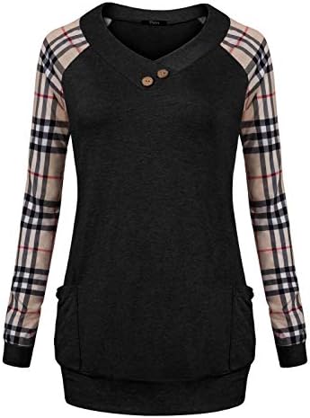 Ckuvysq Women`s V Neck Long Plaid Sleeve Solid Color Basic Tunic Blouses