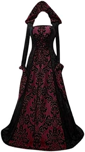 Women Hooded Long Sleeve Flare Dress Floral Pinted Dresses Medieval Renaissance Retro Performance Dress by Lowprofile