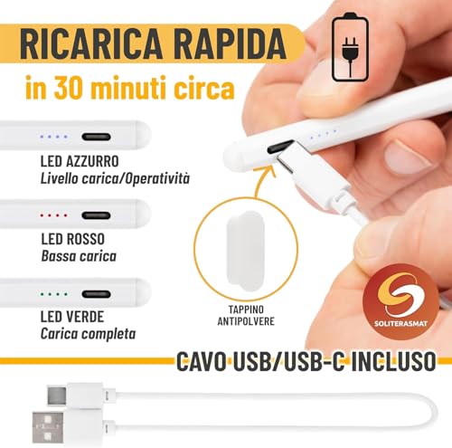 Penna Tablet Universale Ricaricabile USB-C – Pennino Touch per iPad, Tablet Android e Windows, Stylus Capacitivo per Scrittura, Disegno e Appunti, Design Ergonomico e Preciso