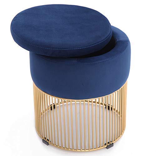 Simhoo Velvet Upholstered Round Vanity Stool/Dressing Makeup Piano Stool with Metal Base-Blue,Ottoman with Storage - Thumbnail 5