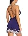 Mathea Women's Sexy Lace Lingerie Sleepwear Chemises V-Neck Full Slip Babydoll Nightgown (Navy Blue, S)