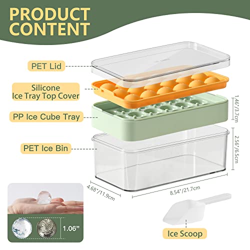 Ice Cube Tray - Sphere Silicone Ice Cube Trays for Freezer with Lid and Bin | BPA Free Stackable Round Ice Tray with Cover | Easy Release Making 18-Circle Ice | Come with Ice Scoop (1Pack, Green)