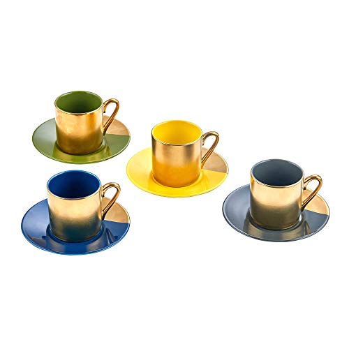 Classic Coffee & Tea Solid Espresso Cups & Saucers (Set of 4) by Yedi Houseware | 2 Â½ oz Porcelain In Stylish, Pastel Colors with Gold Plated Rims & Handles for an Authentic, Italian CafÃ© Feel