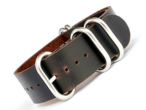 time+ 22mm 5-Ring NATO Zulu Oil Leather Military Watch Strap Black Brown