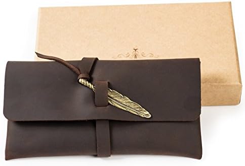 Pencil Case Pouch Leather Holder Phone Bag Pocket with Vintage Feather Closure in Gift Box (Dark brown with feather)
