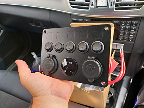 Boat Switch Panel 5 Gang Waterproof with Circuit Breakers Toggle Rocker Switch 4.2A Dual USB Charger Cigarette Lighter Socket for RV Car Boat Vehicles Truck Trailer Yacht (GREEN)