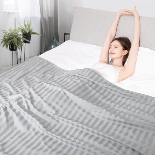 Elegear Couverture Rafraichissante d'été, Fibre de Refroidissement Arc-Chill 3.0 Japonaise Q-Max>0,5 Double Face Absorber Chaleur Corporelle Couverture Ete Légère pour Lit, Gris Clair Rayé 200x220cm