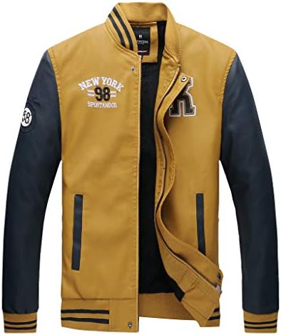 Baiggooswt Men's Leather Coat, Autumn Winter Open Front Casual Stand Neck Trench Coat Patchwork Color Block Baseball Jacket