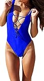 RELTANGL Women's Monikini Swimsuit One Piece Sexy Cute Bathing Suits Lace-up U Back, Royal Blue, Medium