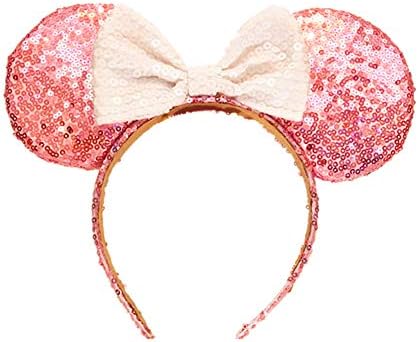 WLFY Mickey Mouse Minnie Mouse Sequin Ears Headbands Butterfly Glitter Hairband (Pink and white)