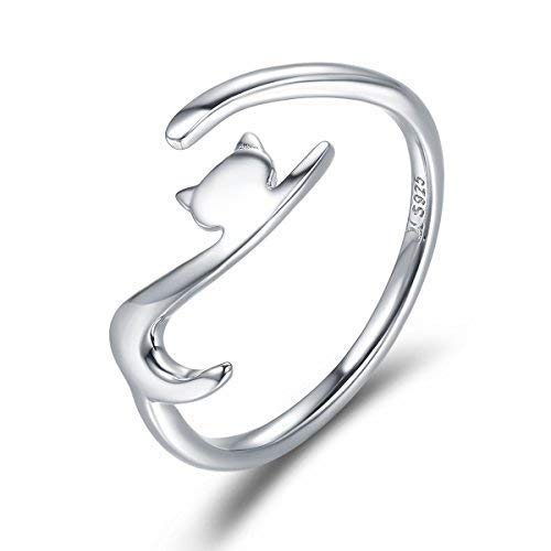 CHENGMEN Naughty Little Cat 925 Sterling Silver Open Rings Adjustable Size Simple Style for Women Girls Mothers Day Valentine's Day Birthday Gifts for Her
