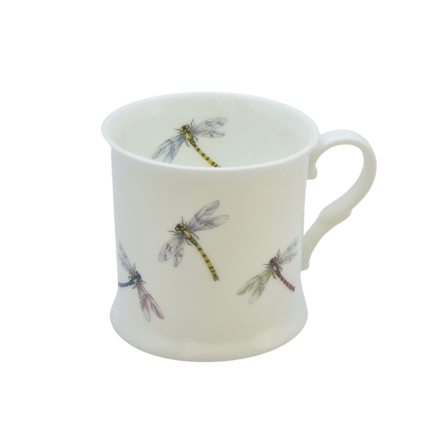 ROCK THE HOME Dragonfly Small Tankard Mug – White Fine English Bone China Cup, Made and Hand Decorated in England, Dishwasher and Microwave Safe, for Coffee Tea Latte Americano, 8 fl oz (236 ml)