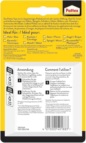 Pattex Kleben statt Bohren Klebeband, extra starkes doppelseitiges Klebeband, Doppelklebeband für Montagearbeiten innen & außen, Wandbefestigung ohne Bohren, 19mm x 1,5m 2