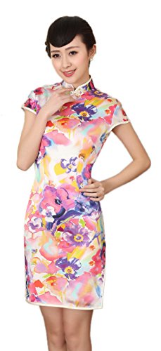 AvaCostume Women's Silk Vtg Flowers Printed Qipao Mini Dress Cheongsam