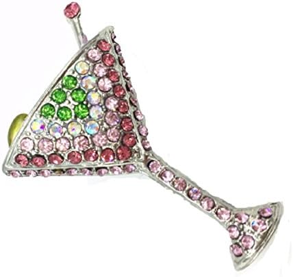 COCKTAIL Martini Brooch is Embellished with Pink, Fuchsia, Iridescent &amp; Green Crystal Rhinestones.Perfect Gift for your Favorite Bar Tender or MIXOLOGIST!