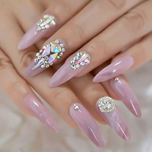 CoolNail 3D Luxery Colorful Gems Extra Long Stiletto False Nails Tips Pointed Sharp Stilettos Fake Nail Marble Pink UV Gel Press on Nails - Thumbnail 6