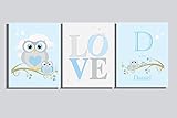 Customize Baby Boy's Room Owl Decor Name Initial Personalize Boy Nursery Wall Owl Picture Blue Gray White Set of 3 Prints