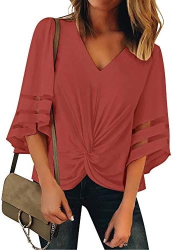 ACKKIA Women's Casual V Neck 3/4 Bell Sleeves Loose Blouse Tee Shirt Solid Top