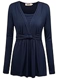 DJT Women's Tunics V-neck Ruffles Long Sleeve Knot Front Draped Shirring Shoulder Blouse Tops