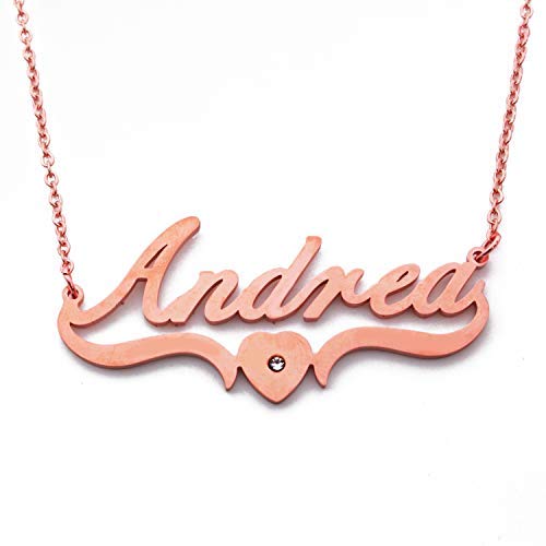 Kigu Andrea Name Necklace Heart Shaped Personalised Rose Gold Plated, Custom Dainty Name Pendants, Jewellery for Ladies, Girlfriend, Mother, Sister, Friends Inc Bag & Box