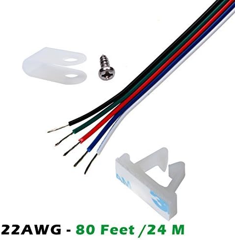 Nicelux 5 Wires Ribbon Cable 80ft / 24 Meter Long 22AWG RGBW (RGBY) Falt Wire with Mounting Clip and Screw, Reel Packing