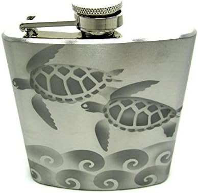 Hand Etched Stainless Steel Flask Sandblasted (Sand Carved) Upgraded 304 SS with Funnel (Sea Turtle Waves, 6 Ounce)