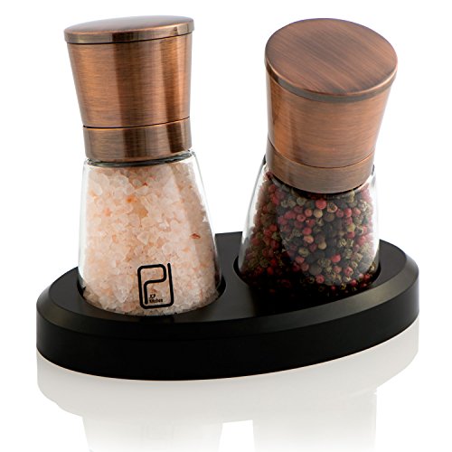 Premium Salt and Pepper Mill Set with Stand Copper Stainless Steel