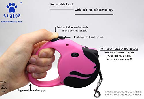 A+a Pets' Retractable Leash, Tangle-Free for Small Dogs Cat Puppy with Anti-Slip Handle (5 metres, Pink) 1