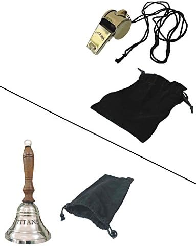 TITANIC MEMORIABLE BRASS HAND BELL WITH TITANIC WHISTLE IN VELVET POUCH